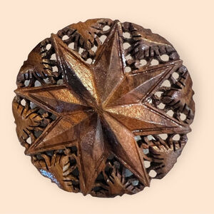 Vintage Carved Olive Wood Brooch Large Star Pin Intricate and in mint condition!